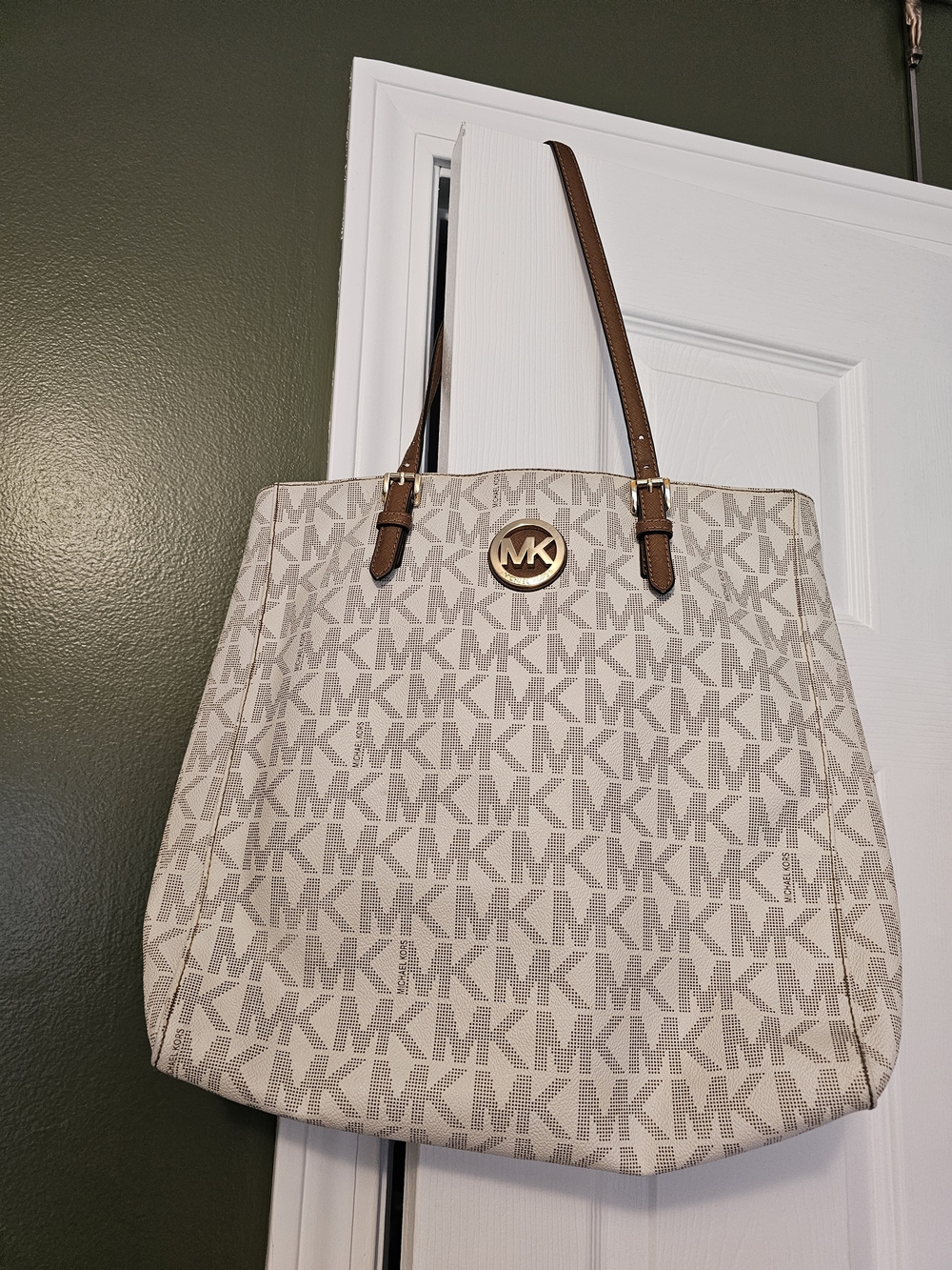 Michael Kors Beige Logo Canvas Tote with Brown Straps